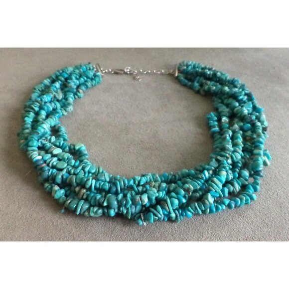 Vtg 7 Strand TURQUOISE Bib NECKLACE Layered STERLING Silver Clasp - Adj 17-20" - Picture 2 of 6